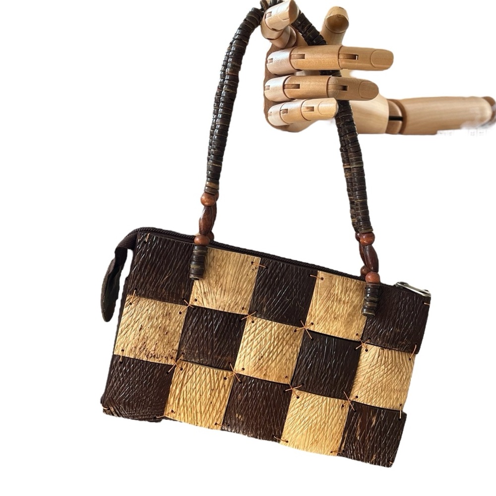 Vintage wooden checkered handbag brown natural beaded handles fully lined - Picture 2 of 11